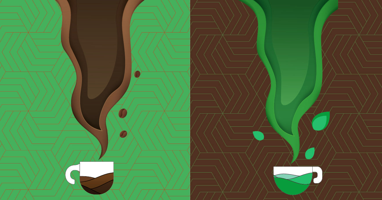 Illustration of a steaming cup of coffee next to a steaming cup of tea.