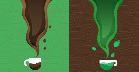 Illustration of a steaming cup of coffee next to a steaming cup of tea.